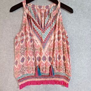 Boho Tassel Smocked Style Hem Tank Top Sleeveless Geometric AS-IS UNKNOWN SIZE